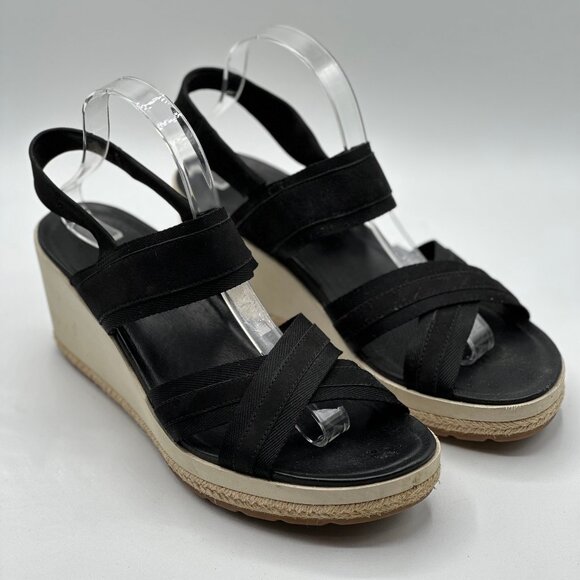 Merrell Women's Kaiteri Nubuck Leather Wedge Espadrille Black Sandals Size 11 - Picture 1 of 8
